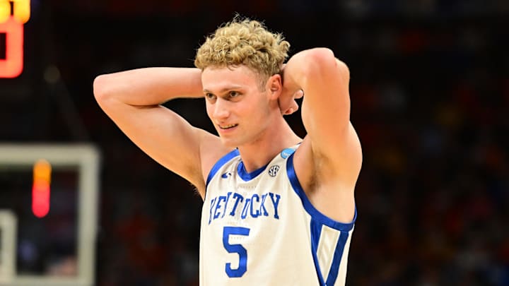 Mar 23, 2025; Milwaukee, WI, USA; Kentucky Wildcats guard Collin Chandler (5) reacts during the first half in the second round of the NCAA Tournament against the Illinois Fighting Illini at Fiserv Forum. Mandatory Credit: Benny Sieu-Imagn Images Mar 23, 2025; Milwaukee, WI, USA; Kentucky Wildcats guard Collin Chandler (5) reacts during the first half in the second round of the NCAA Tournament against the Illinois Fighting Illini at Fiserv Forum. Mandatory Credit: Benny Sieu-Imagn Images