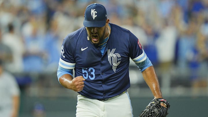 Aug 15, 2025; Kansas City, Missouri, USA; Kansas City Royals relief pitcher Carlos Estevez (53) celebrates after defeating the Chicago White Sox at Kauffman Stadium. Mandatory Credit: Jay Biggerstaff-Imagn Images