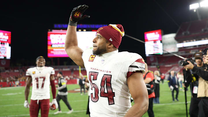 Jan 12, 2025; Tampa, Florida, USA; Washington Commanders linebacker Bobby Wagner (54) celebrates after winning a NFC wild card playoff against the Tampa Bay Buccaneers at Raymond James Stadium. Mandatory Credit: Nathan Ray Seebeck-Imagn Images