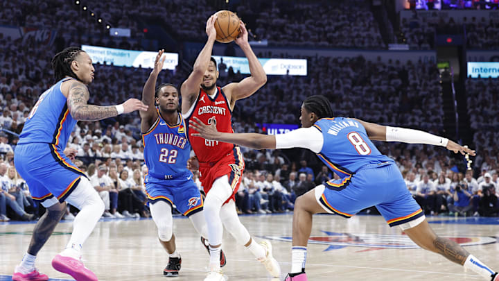 Apr 24, 2024; Oklahoma City, Oklahoma, USA; New Orleans Pelicans guard CJ McCollum (3) drives to the basket.
