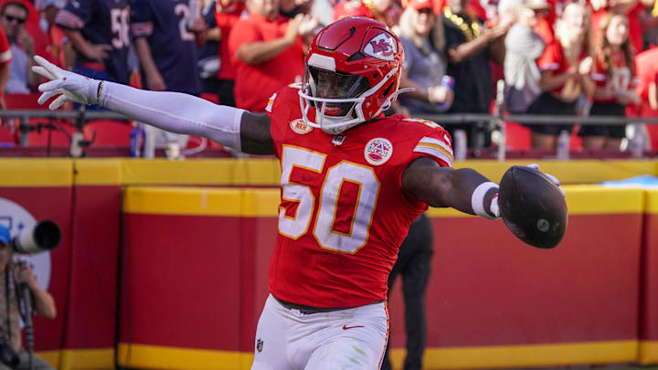 Sep 24, 2023; Kansas City, Missouri, USA; Kansas City Chiefs linebacker Willie Gay (50) celebrates