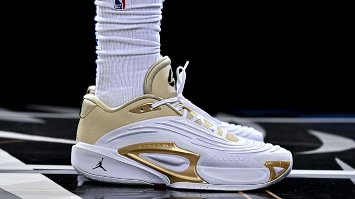 Sep 30, 2024; Dallas, TX, USA; A view of the shoes of Dallas Mavericks guard Luka Doncic (77) as he poses for a photo during the 2024 Dallas Mavericks media day. Mandatory Credit: Jerome Miron-Imagn Images