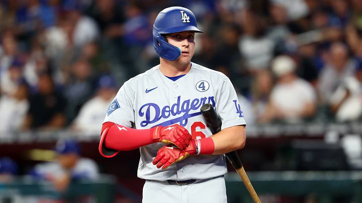 Jun 2, 2026; Phoenix, Arizona, USA; Los Angeles Dodgers outfielder Ryan Ward against the Arizona Diamondbacks at Chase Field. Mandatory Credit: Mark J. Rebilas-Imagn Images