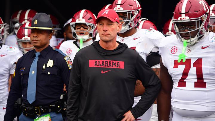 Jan 1, 2026; Pasadena, CA, USA; Alabama Crimson Tide head coach Kalen Deboer walks on field before the 2026 Rose Bowl and quarterfinal game of the College Football Playoff against the Indiana Hoosiers at Rose Bowl Stadium. Mandatory Credit: Gary A. Vasquez-Imagn Images