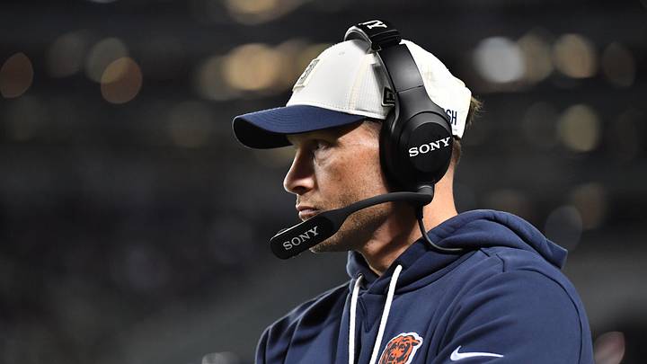 Sep 28, 2026; Chicago, Illinois, USA;  Chicago Bears head coach Ben Johnson looks on during the first half against the Philadelphia Eagles at Soldier Field.  Mandatory Credit: Patrick Gorski-Imagn Images