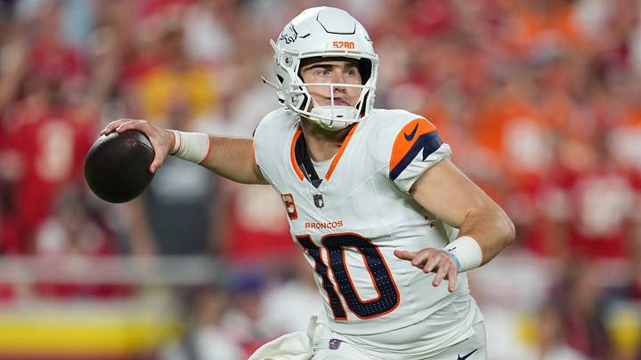 Sep 14, 2026; Kansas City, Missouri, USA; Denver Broncos quarterback Bo Nix (10) drops back to pass against the Kansas City Chiefs at GEHA Field at Arrowhead Stadium. Sep 14, 2026; Kansas City, Missouri, USA; Denver Broncos quarterback Bo Nix (10) drops back to pass against the Kansas City Chiefs at GEHA Field at Arrowhead Stadium.