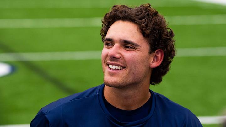 Penn State Nittany Lions quarterback Rocco Becht talks with reporters during football media day in Holuba Hall. 