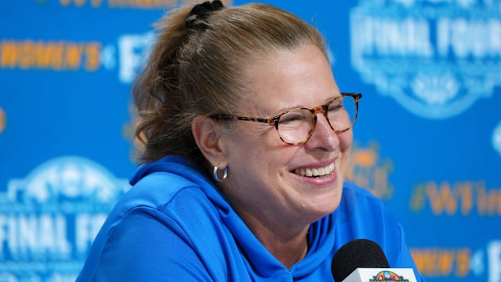 UCLA Bruins head coach Cori Close speaks to the media from Mortgage Matchup Center on April 4, 2026.