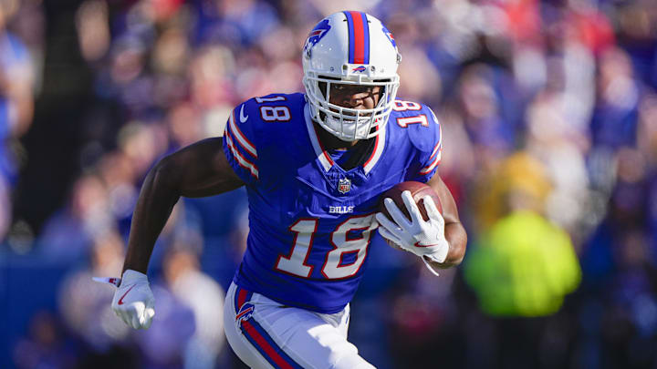 Oct 20, 2024; Orchard Park, New York, USA; Buffalo Bills wide receiver Amari Cooper (18) runs with the ball after making a catch against the Tennessee Titans