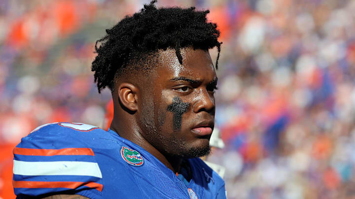 Nov 16, 2024; Gainesville, Florida, USA; Florida Gators defensive lineman Cam Jackson (99) looks on prior to the game against the LSU Tigers at Ben Hill Griffin Stadium. Mandatory Credit: Kim Klement Neitzel-Imagn Images