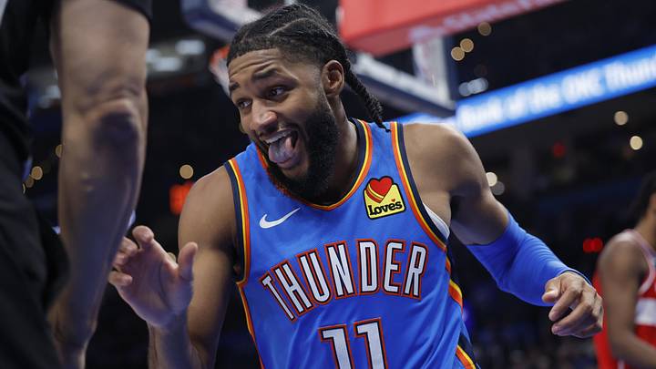 Oct 30, 2025; Oklahoma City, Oklahoma, USA; Oklahoma City Thunder guard Isaiah Joe (11) reacts after a play against the Washington Wizards during the second half at Paycom Center. Mandatory Credit: Alonzo Adams-Imagn Images
