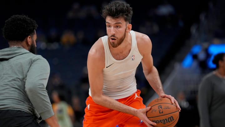 Dec 2, 2025; San Francisco, California, USA; Oklahoma City Thunder center Chet Holmgren (7) warms up before the start of the game against the Golden State Warriors at the Chase Center. Mandatory Credit: Cary Edmondson-Imagn Images
