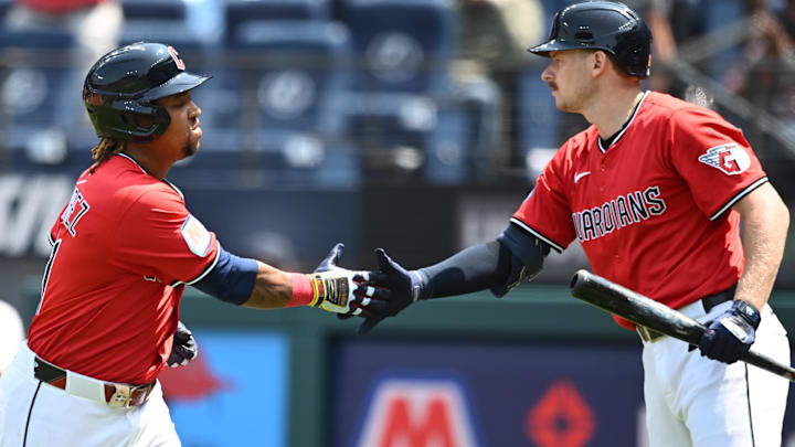 Aug 3, 2025: Cleveland Guardians third baseman Jose Ramirez (11) celebrates with first baseman Kyle Manzardo (9) after hitting a home run during the first inning against the Minnesota Twins at Progressive Field. Aug 3, 2025: Cleveland Guardians third baseman Jose Ramirez (11) celebrates with first baseman Kyle Manzardo (9) after hitting a home run during the first inning against the Minnesota Twins at Progressive Field.