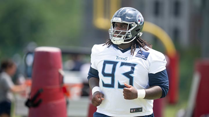 Tennessee Titans nose tackle T'Vondre Sweat (93) works out during OTAs at Ascension Saint Thomas Sports Park in Nashville, Tenn., Tuesday, June 3, 2025.