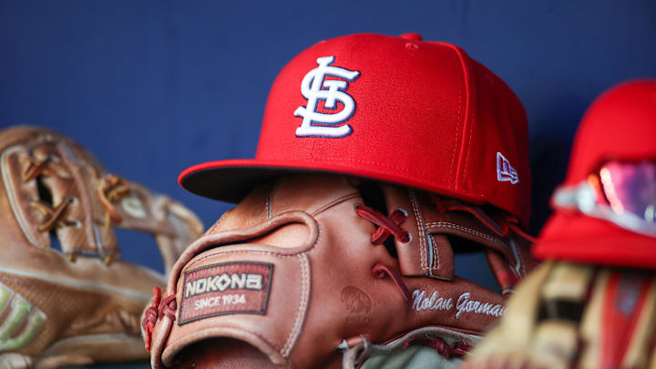 Sep 5, 2023; Atlanta, Georgia, USA; A detailed view of the hat and glove of St. Louis Cardinals second baseman Nolan Gorman (not pictured) before a game against the Atlanta Braves at Truist Park. Mandatory Credit: Brett Davis-Imagn Images Sep 5, 2023; Atlanta, Georgia, USA; A detailed view of the hat and glove of St. Louis Cardinals second baseman Nolan Gorman (not pictured) before a game against the Atlanta Braves at Truist Park. Mandatory Credit: Brett Davis-Imagn Images