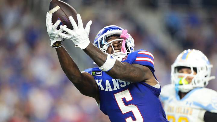 Kansas Jayhawks wide receiver Nik McMillan (5) makes a catch during the game against LIU Sharks inside David Booth Kansas Memorial Stadium on Sept. 4, 2026.