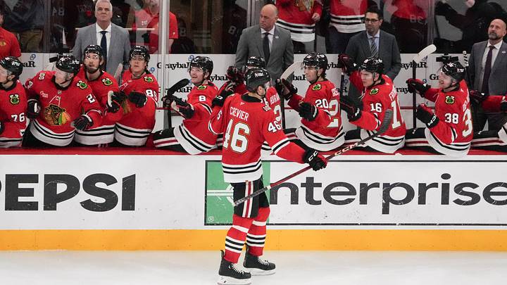 Apr 15, 2026; Chicago, Illinois, USA; Chicago Blackhawks defenseman Louis Crevier (46) celebrates his goal against the San Jose Sharks during the third period at United Center. Mandatory Credit: David Banks-Imagn Images Apr 15, 2026; Chicago, Illinois, USA; Chicago Blackhawks defenseman Louis Crevier (46) celebrates his goal against the San Jose Sharks during the third period at United Center. Mandatory Credit: David Banks-Imagn Images