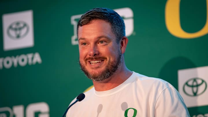Oregon coach Dan Lanning speaks during Oregon football’s Media Day on July 28, 2025, at Autzen Stadium in Eugene.