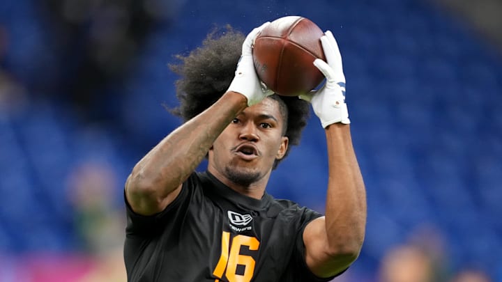 Feb 28, 2026; Indianapolis, IN, USA; Texas A&M wideout KC Concepcion (WO16) during the NFL Scouting Combine at Lucas Oil Stadium. Mandatory Credit: Kirby Lee-Imagn Images