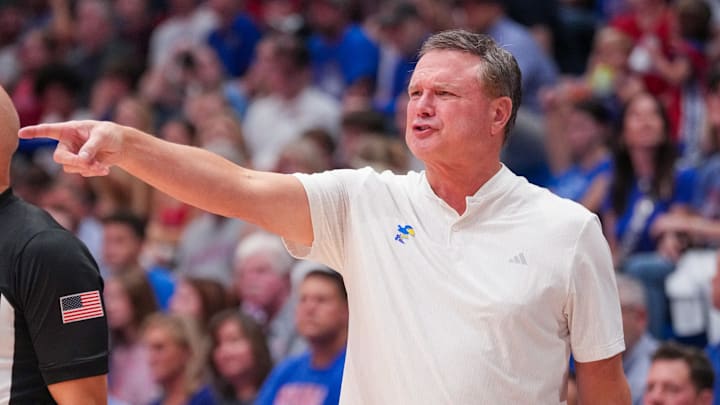 Oct 29, 2024; Lawrence, KS, USA; Kansas Jayhawks head coach Bill Self gestures to players against the Washburn Ichabods during the first half at Allen Fieldhouse. Mandatory Credit: Denny Medley-Imagn Images Oct 29, 2024; Lawrence, KS, USA; Kansas Jayhawks head coach Bill Self gestures to players against the Washburn Ichabods during the first half at Allen Fieldhouse. Mandatory Credit: Denny Medley-Imagn Images