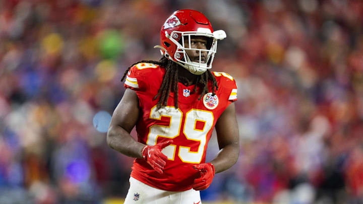 Jan 26, 2025; Kansas City, MO, USA; Kansas City Chiefs running back Kareem Hunt (29) against the Buffalo Bills in the AFC Championship game at GEHA Field at Arrowhead Stadium. Mandatory Credit: Mark J. Rebilas-Imagn Images