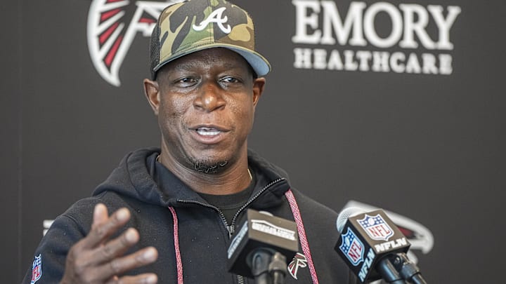 Jun 11, 2025; Atlanta, GA, USA; Atlanta Falcons head coach Raheem Morris answers media questions before practice at Children's Healthcare of Atlanta Training Ground.