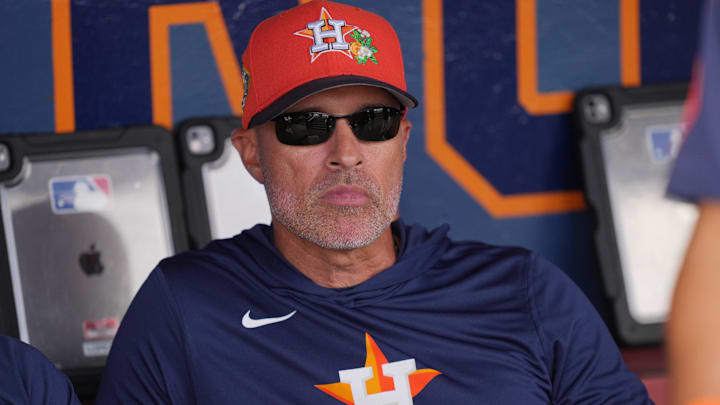 Houston Astros manager Joe Espada (19) looks out at his team before the game against the Washington Nationals at CACTI Park of the Palm Beaches. Houston Astros manager Joe Espada (19) looks out at his team before the game against the Washington Nationals at CACTI Park of the Palm Beaches.