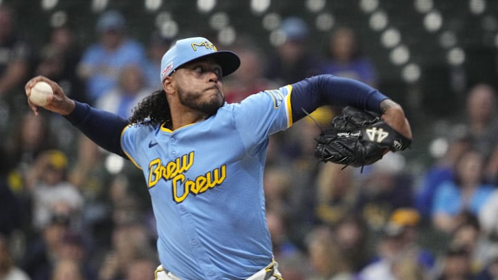 Jun 13, 2025; Milwaukee, Wisconsin, USA; Milwaukee Brewers pitcher Freddy Peralta (51) delivers a pitch against the St. Louis Cardinals in the first inning at American Family Field. 