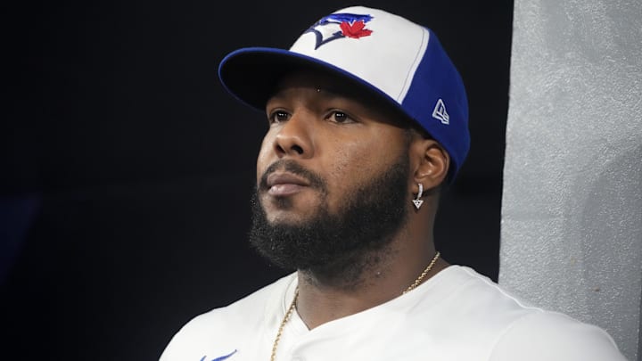 Toronto Blue Jays first baseman Vladimir Guerrero Jr. (27) looks on before game seven against the Seattle Mariners in the ALCS round for the 2025 MLB playoffs at Rogers Centre.