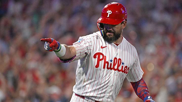 Sep 9, 2026; Philadelphia, Pennsylvania, USA; Philadelphia Phillies designated hitter Kyle Schwarber (12) points up to the dugout after hitting a grand slam home run against the Houston Astros during the sixth inning at Citizens Bank Park. Mandatory Credit: Eric Hartline-Imagn Images Sep 9, 2026; Philadelphia, Pennsylvania, USA; Philadelphia Phillies designated hitter Kyle Schwarber (12) points up to the dugout after hitting a grand slam home run against the Houston Astros during the sixth inning at Citizens Bank Park. Mandatory Credit: Eric Hartline-Imagn Images