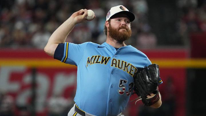 Jul 4, 2026; Phoenix, Arizona, USA; Milwaukee Brewers pitcher Brandon Woodruff (53) throws in the third inning against the Arizona Diamondbacks at Chase Field. Mandatory Credit: Rick Scuteri-Imagn Images
