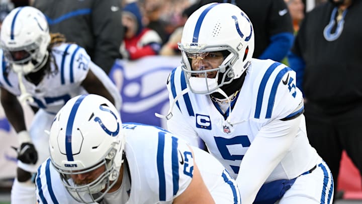 Dec 1, 2024; Foxborough, Massachusetts, USA; Indianapolis Colts quarterback Anthony Richardson (5) warms up before a game against the New England Patriots at Gillette Stadium. Mandatory Credit: Eric Canha-Imagn Images