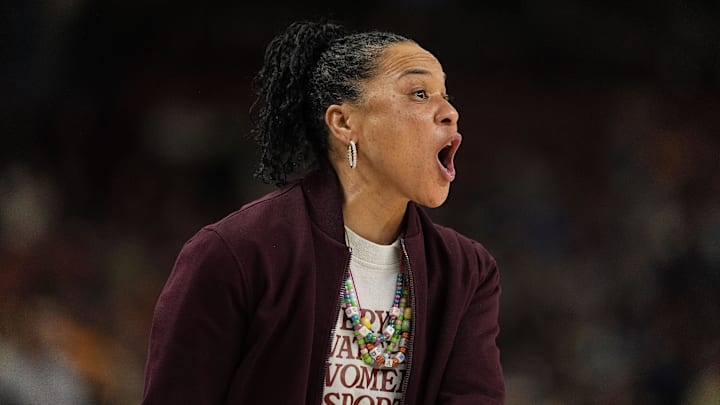 Mar 8, 2025; Greenville, SC, USA; South Carolina Gamecocks head coach Dawn Staley yells to her team  during the first half against the Oklahoma Sooners at Bon Secours Wellness Arena. Mandatory Credit: Jim Dedmon-Imagn Images