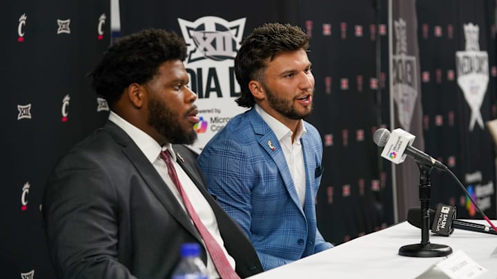Jul 8, 2025; Frisco, TX, USA; Cincinnati defensive lineman Dontay Corleone and quarterback Brendan Sorsby answers questions from the media during 2025 Big 12 Football Media Days at The Star. Mandatory Credit: Raymond Carlin III-Imagn Images Jul 8, 2025; Frisco, TX, USA; Cincinnati defensive lineman Dontay Corleone and quarterback Brendan Sorsby answers questions from the media during 2025 Big 12 Football Media Days at The Star. Mandatory Credit: Raymond Carlin III-Imagn Images