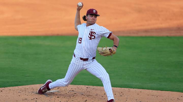 Florida St. pitcher John Abraham (19) pitches during the second inning of an NCAA college baseball matchup Tuesday, March 25, 2025 at VyStar Ballpark in Jacksonville, Fla. FSU rallied to defeat UF 8-4 off a walk-off grand slam from Alex Lodise in the ninth inning. [Corey Perrine/Florida Times-Union]