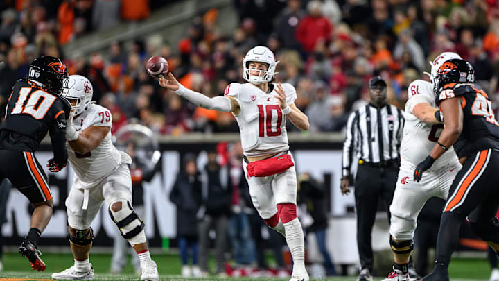 Nov 23, 2024; Corvallis, Oregon, USA; Washington State Cougars quarterback John Mateer (10) throws a pass during the second quarter against the Oregon State Beavers at Reser Stadium. Mandatory Credit: Craig Strobeck-Imagn Images Nov 23, 2024; Corvallis, Oregon, USA; Washington State Cougars quarterback John Mateer (10) throws a pass during the second quarter against the Oregon State Beavers at Reser Stadium. Mandatory Credit: Craig Strobeck-Imagn Images