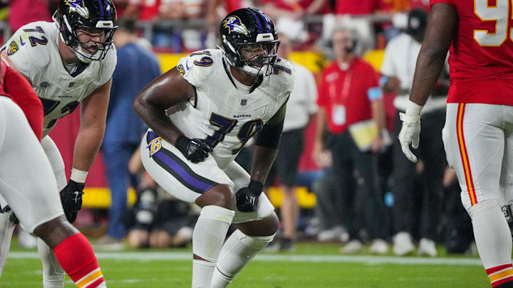 Sep 5, 2024; Kansas City, Missouri, USA; Baltimore Ravens offensive tackle Ronnie Stanley (79) at the line of scrimmage against the Kansas City Chiefs during the game at GEHA Field at Arrowhead Stadium. Mandatory Credit: Denny Medley-Imagn Images