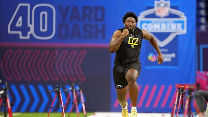 Feb 27, 2025; Indianapolis, IN, USA; Toledo defensive lineman Darius Alexander (DL02) participates in drills during the 2025 NFL Combine at Lucas Oil Stadium.
