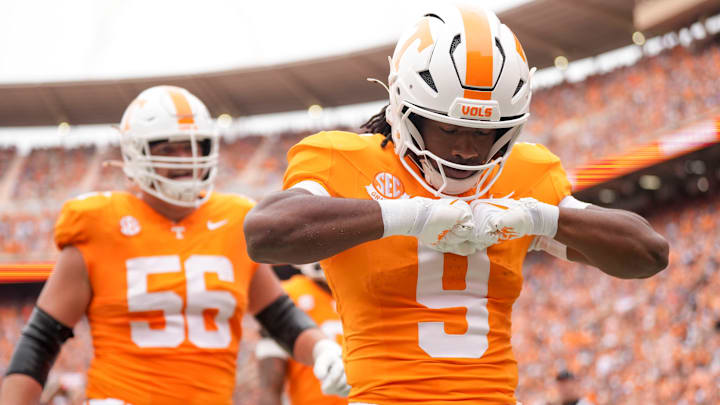 Tennessee running back Star Thomas (9) celebrates after making a touchdown in the NCAA college football game against ETSU on September 6, 2025, in Knoxville, Tennessee. Tennessee running back Star Thomas (9) celebrates after making a touchdown in the NCAA college football game against ETSU on September 6, 2025, in Knoxville, Tennessee.