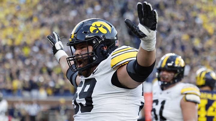 Sep 26, 2026; Ann Arbor, Michigan, USA;  Iowa Hawkeyes offensive line Trevor Lauck (59) reacts during the second half against the Michigan Wolverines at Michigan Stadium.  Mandatory Credit: Rick Osentoski-Imagn Images