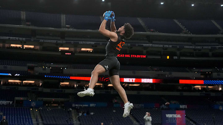 Mar 1, 2025; Indianapolis, IN, USA; Mississippi wideout Jordan Watkins (WO43) during the 2025 NFL Combine at Lucas Oil Stadium. Mandatory Credit: Kirby Lee-Imagn Images