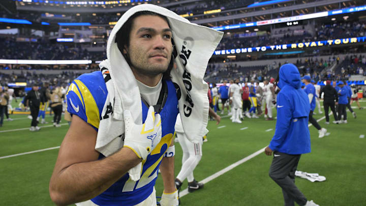 Jan 4, 2026; Inglewood, California, USA;  Los Angeles Rams wide receiver Puka Nacua (12) leaves the field following a game against the Arizona Cardinals at SoFi Stadium. 
