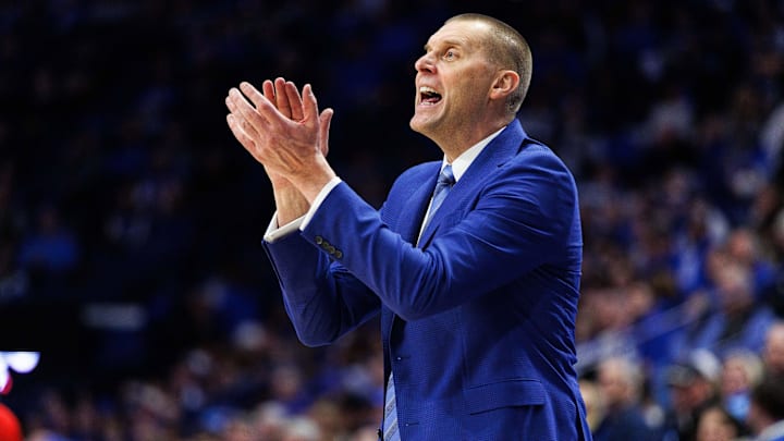 Jan 24, 2026; Lexington, Kentucky, USA; Kentucky Wildcats head coach Mark Pope claps after a possession during the second half against the Mississippi Rebels at Rupp Arena at Central Bank Center. Mandatory Credit: Jordan Prather-Imagn Images
