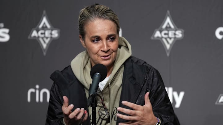 Jun 7, 2025; San Francisco, California, USA; Las Vegas Aces head coach Becky Hammon talks to media members before the game against the Golden State Valkyries at Chase Center. Mandatory Credit: Darren Yamashita-Imagn Images