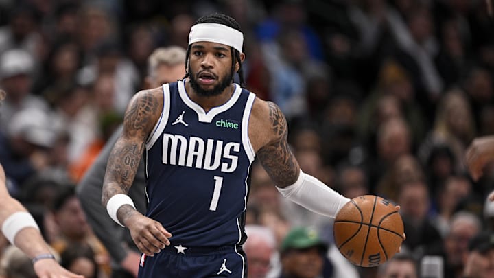 Feb 12, 2025; Dallas, Texas, USA; Dallas Mavericks guard Jaden Hardy (1) in action during the game between the Dallas Mavericks and the Golden State Warriors at the American Airlines Center. Mandatory Credit: Jerome Miron-Imagn Images