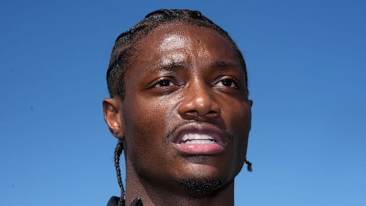 Apr 22, 2026; Pittsburgh, PA, USA; Ohio State Buckeyes receiver Carnell Tate during the NFL Draft prospects clinic at Hazelwood Green Park. Mandatory Credit: Kirby Lee-Imagn Images