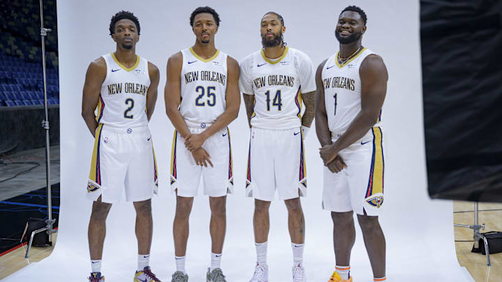 Sep 30, 2024; New Orleans, LA, USA; New Orleans Pelicans guard/forward Herb Jones (2), guard/forward Trey Murphy III (25), forward Brandon Ingram (14) and forward Zion Williamson (1) take part in Pelicans Media Day at the Smoothie King Center.  