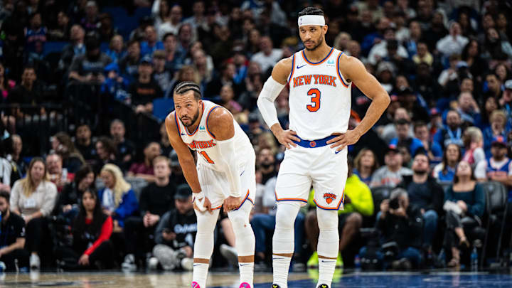 Feb 14, 2024; Orlando, Florida, USA; New York Knicks guard Jalen Brunson (11) and guard Josh Hart