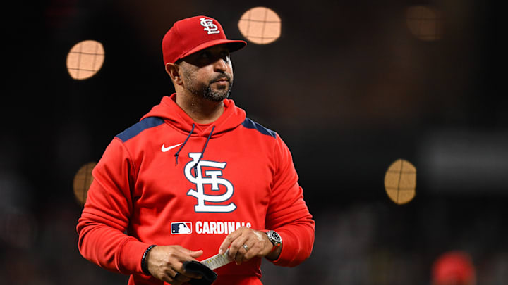 Sep 23, 2025; San Francisco, California, USA; St. Louis Cardinals manager Oliver Marmol walks back to the dugout after a pitching change against the San Francisco Giants during the third inning at Oracle Park. Mandatory Credit: Eakin Howard-Imagn Images