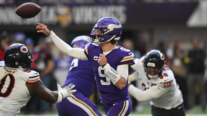 Nov 16, 2025; Minneapolis, Minnesota, USA; Minnesota Vikings quarterback J.J. McCarthy (9) throws downfield during the second quarter against the Chicago Bears at U.S. Bank Stadium.